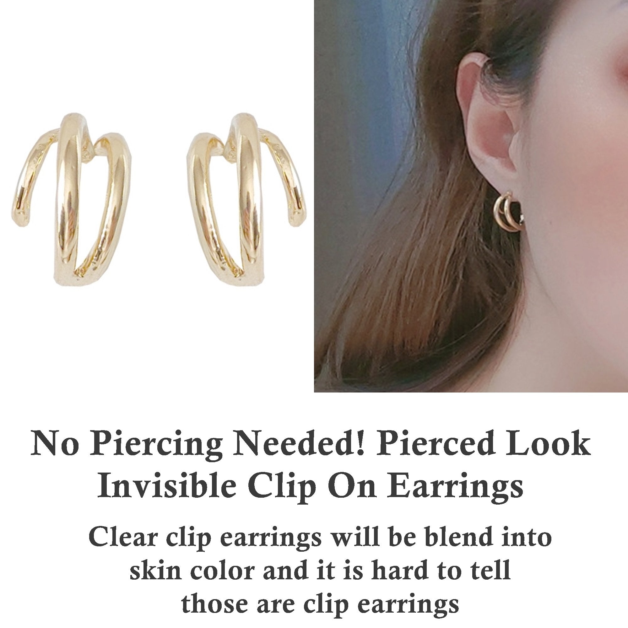 Small Double Gold Hoop Invisible Clip On Earrings