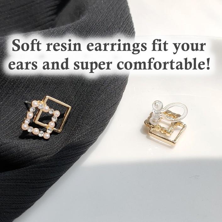 Square Clear Crystal Rhinestone White Pearl Invisible Clip On Earrings