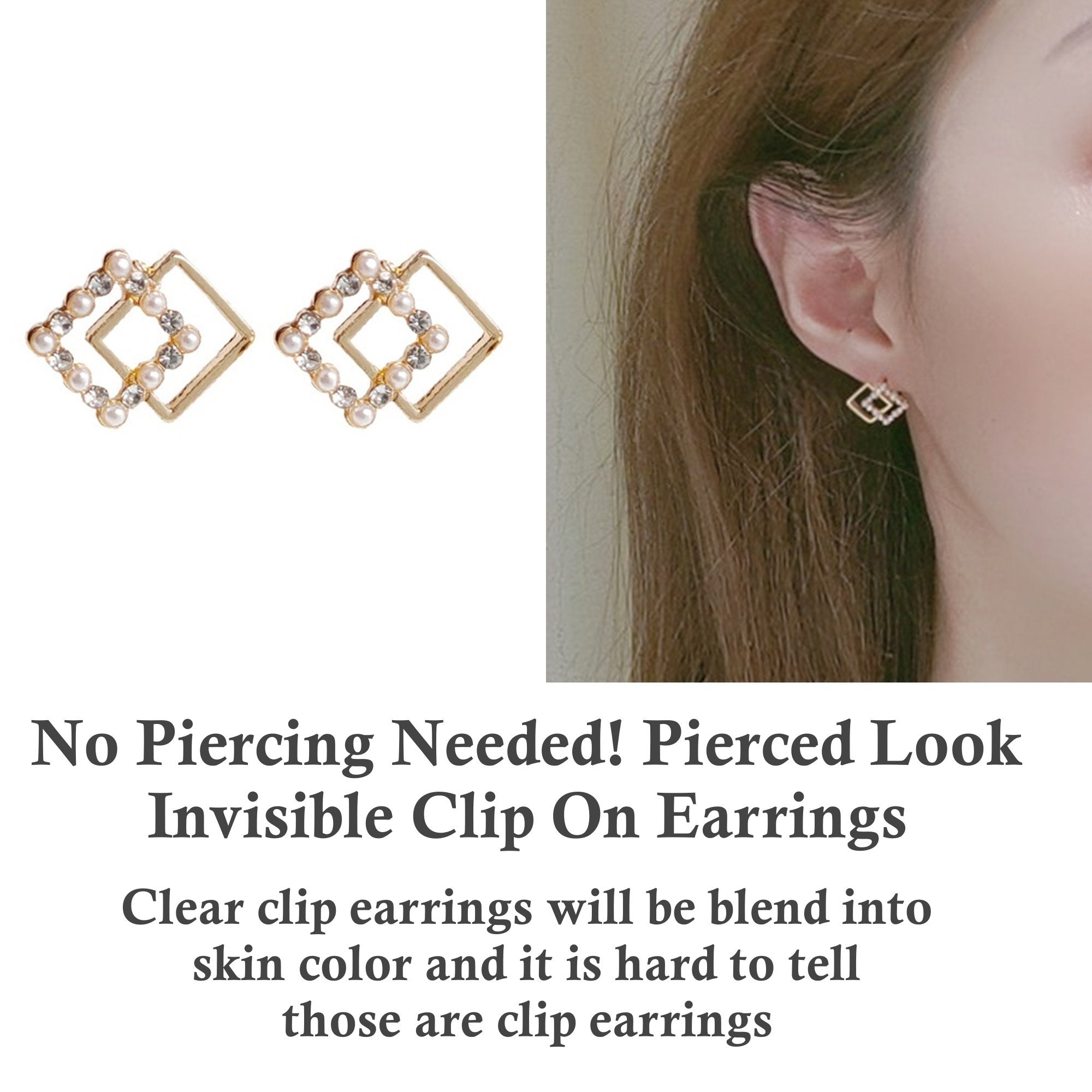 Square Clear Crystal Rhinestone White Pearl Invisible Clip On Earrings