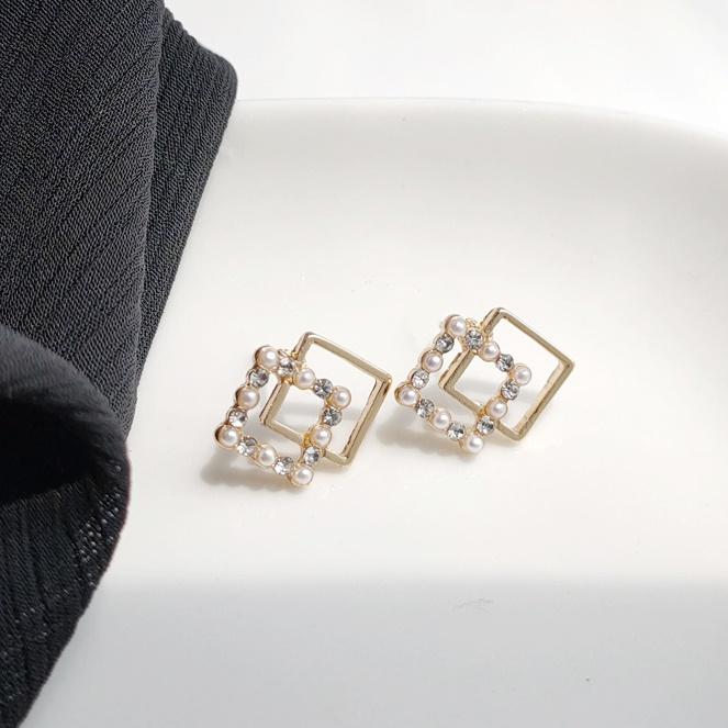 Square Clear Crystal Rhinestone White Pearl Invisible Clip On Earrings