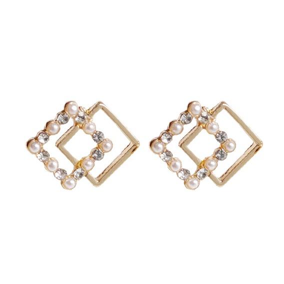 Square Clear Crystal Rhinestone White Pearl Invisible Clip On Earrings