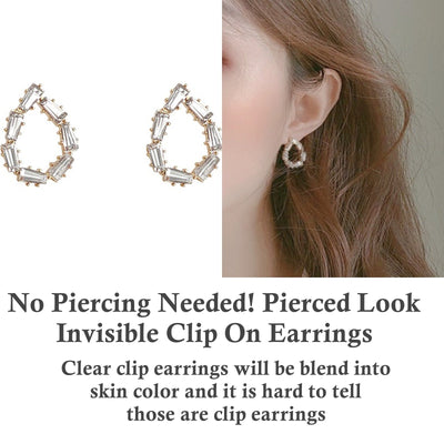 Terdrop Small Crystal Rhinestone Invisible Clip On Earrings