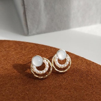 Translucent White Crystal Rhinestone Pearl Circle Invisible Clip On Earrings