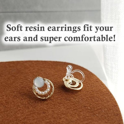 Translucent White Crystal Rhinestone Pearl Circle Invisible Clip On Earrings