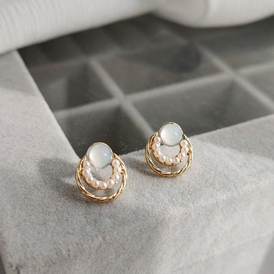 Translucent White Crystal Rhinestone Pearl Circle Invisible Clip On Earrings