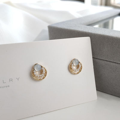 Translucent White Crystal Rhinestone Pearl Circle Invisible Clip On Earrings