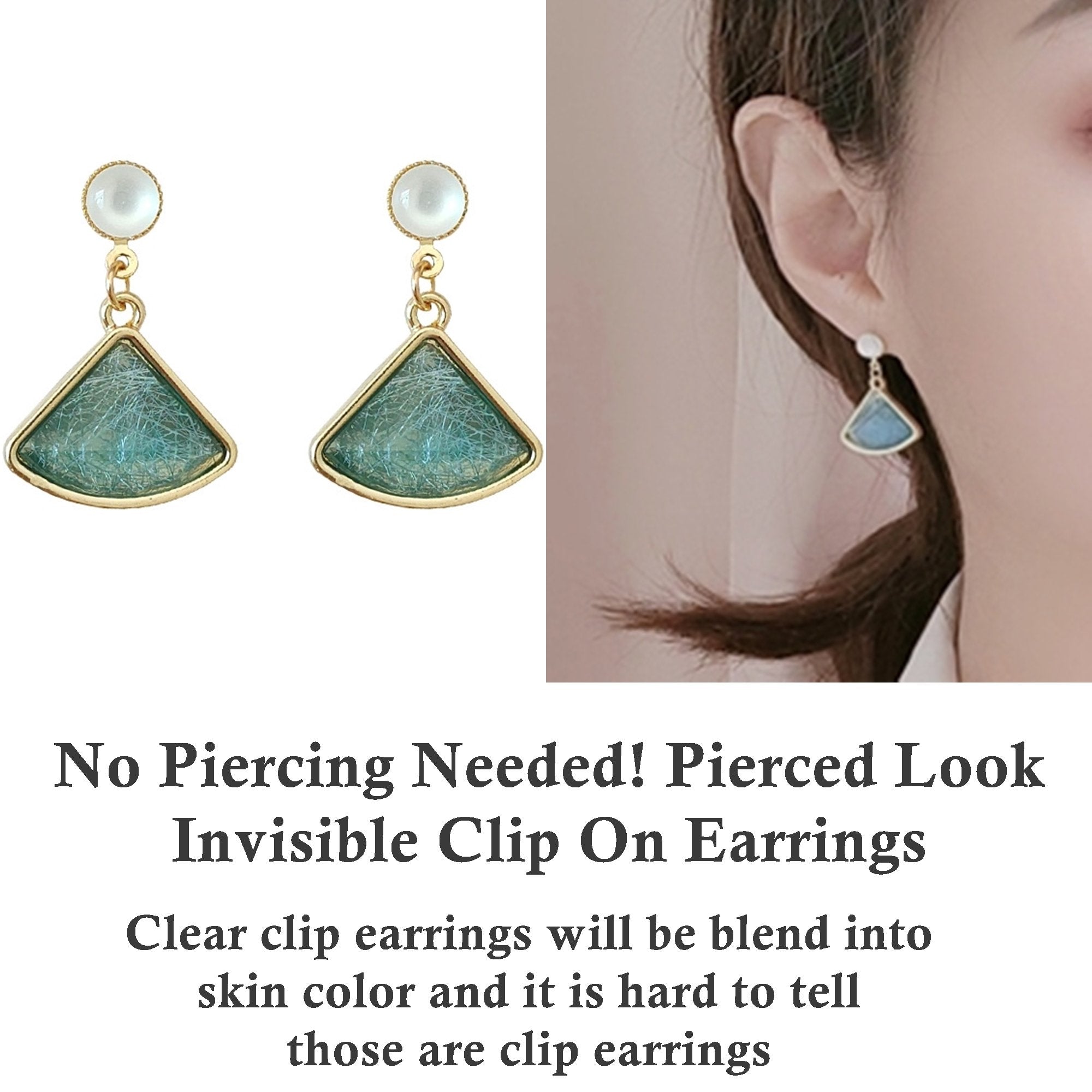 Dangle Triangle Green Crystal Rhinestone Invisible Clip On Earrings