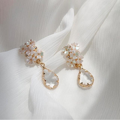 White Flower Dangle Teardrop Clear Crystal Invisible Clip On Earrings