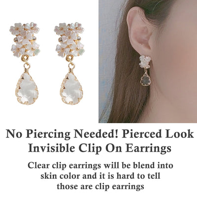 White Flower Dangle Teardrop Clear Crystal Invisible Clip On Earrings