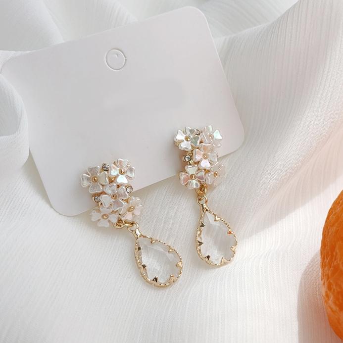 White Flower Dangle Teardrop Clear Crystal Invisible Clip On Earrings
