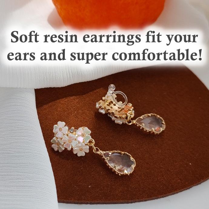 White Flower Dangle Teardrop Clear Crystal Invisible Clip On Earrings