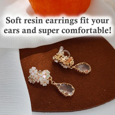 White Flower Dangle Teardrop Clear Crystal Invisible Clip On Earrings