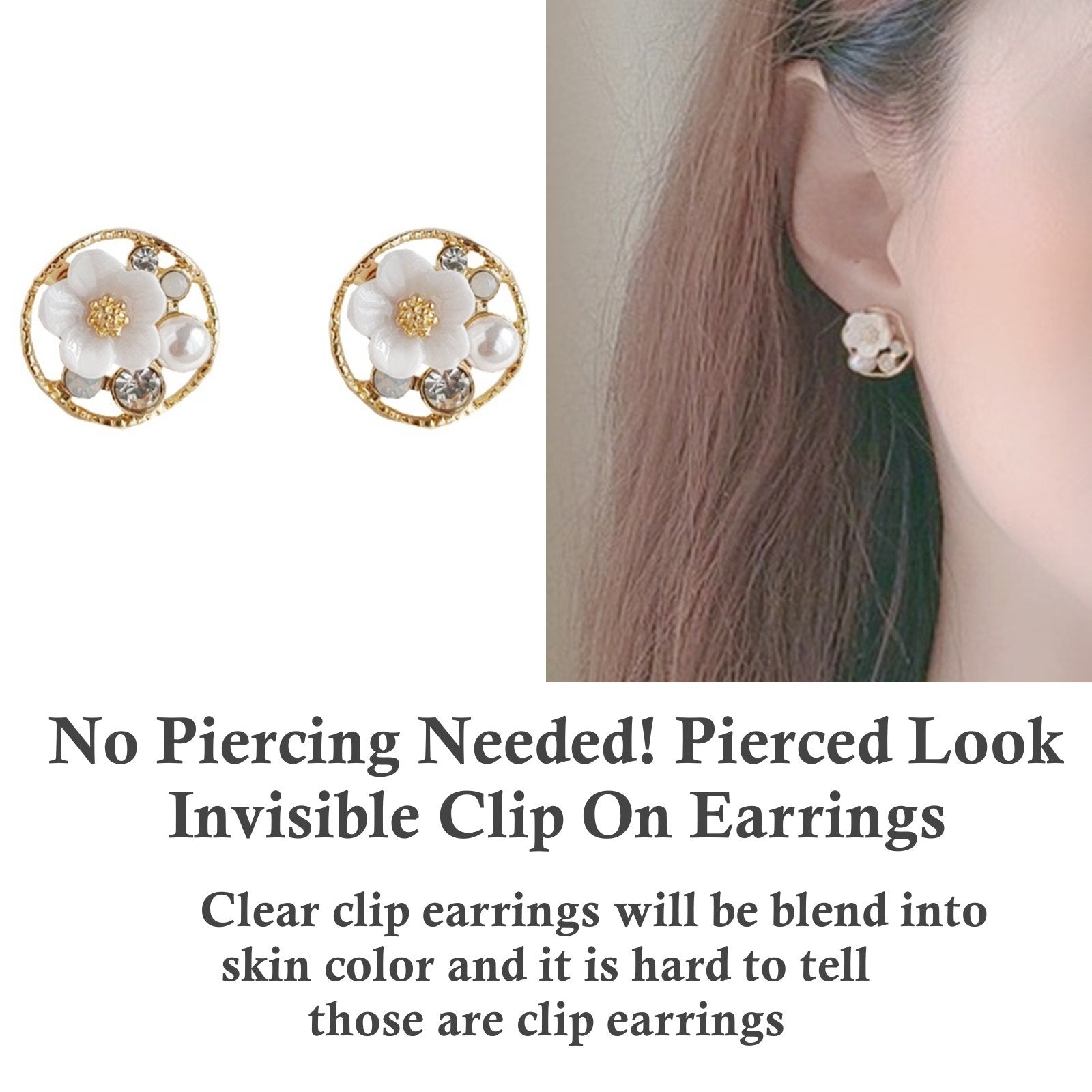 White Flower Pearl Invisible Clip On Earrings