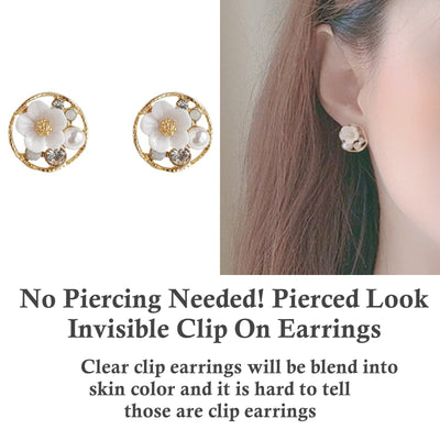 White Flower Pearl Invisible Clip On Earrings
