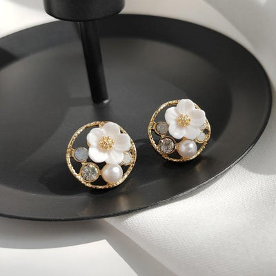 White Flower Pearl Invisible Clip On Earrings