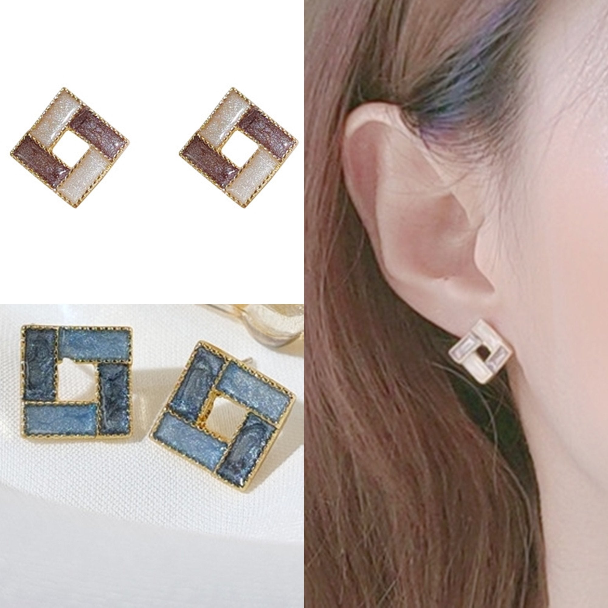 Light Blue Crystal Mosaic Square Invisible Clip On Earrings