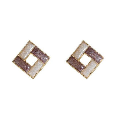 White Light Brown Crystal Mosaic Square Invisible Clip On Earrings