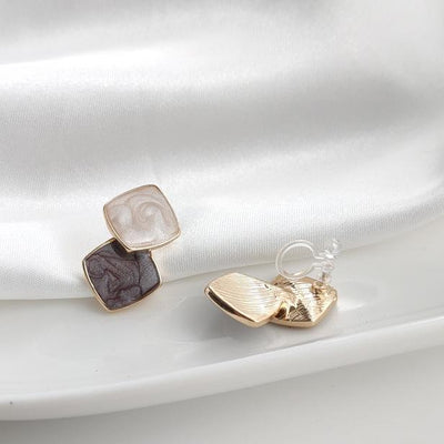 White Light Brown Double Square Minimal Invisible Clip On Earrings