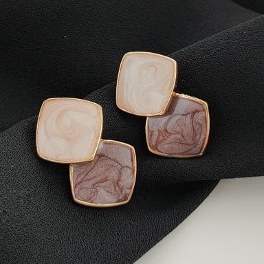 White Light Brown Double Square Minimal Invisible Clip On Earrings
