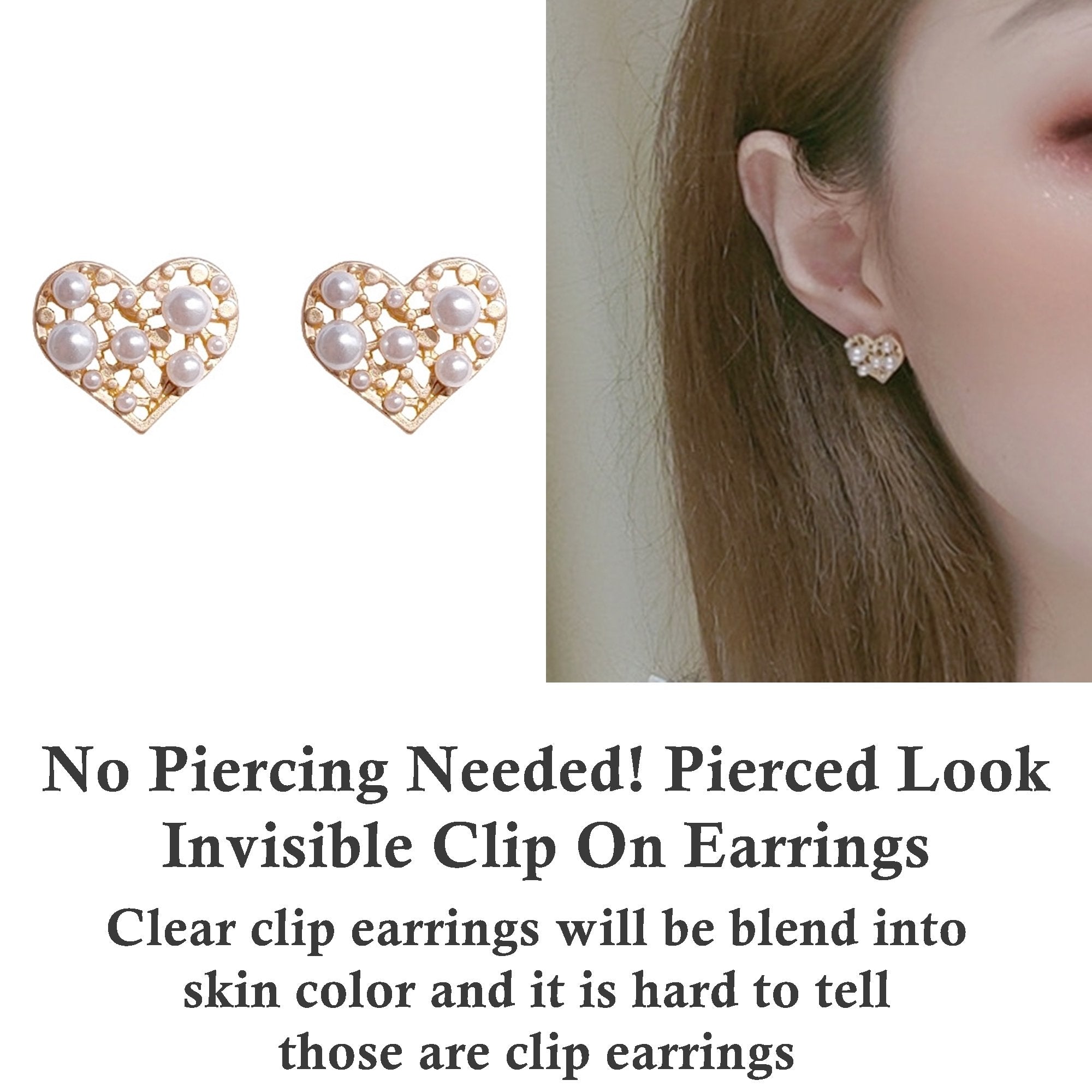 White Pearl Heart Filigree Invisible Clip On Earrings