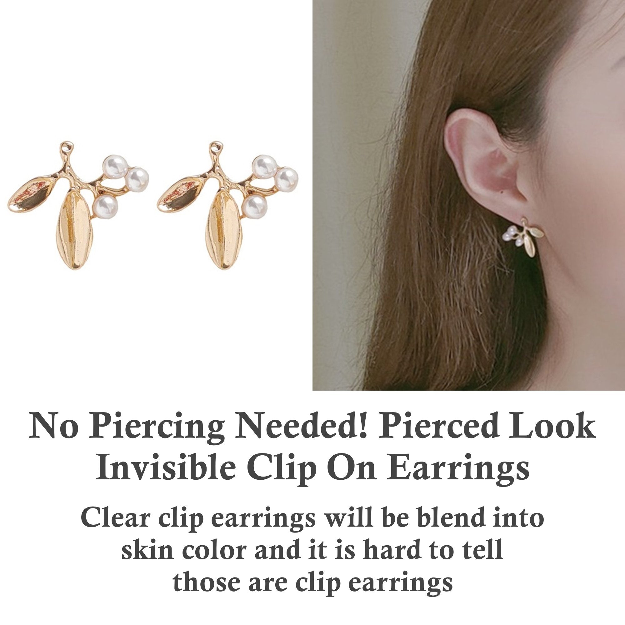 White Pearl Leaf Invisible Clip On Earrings