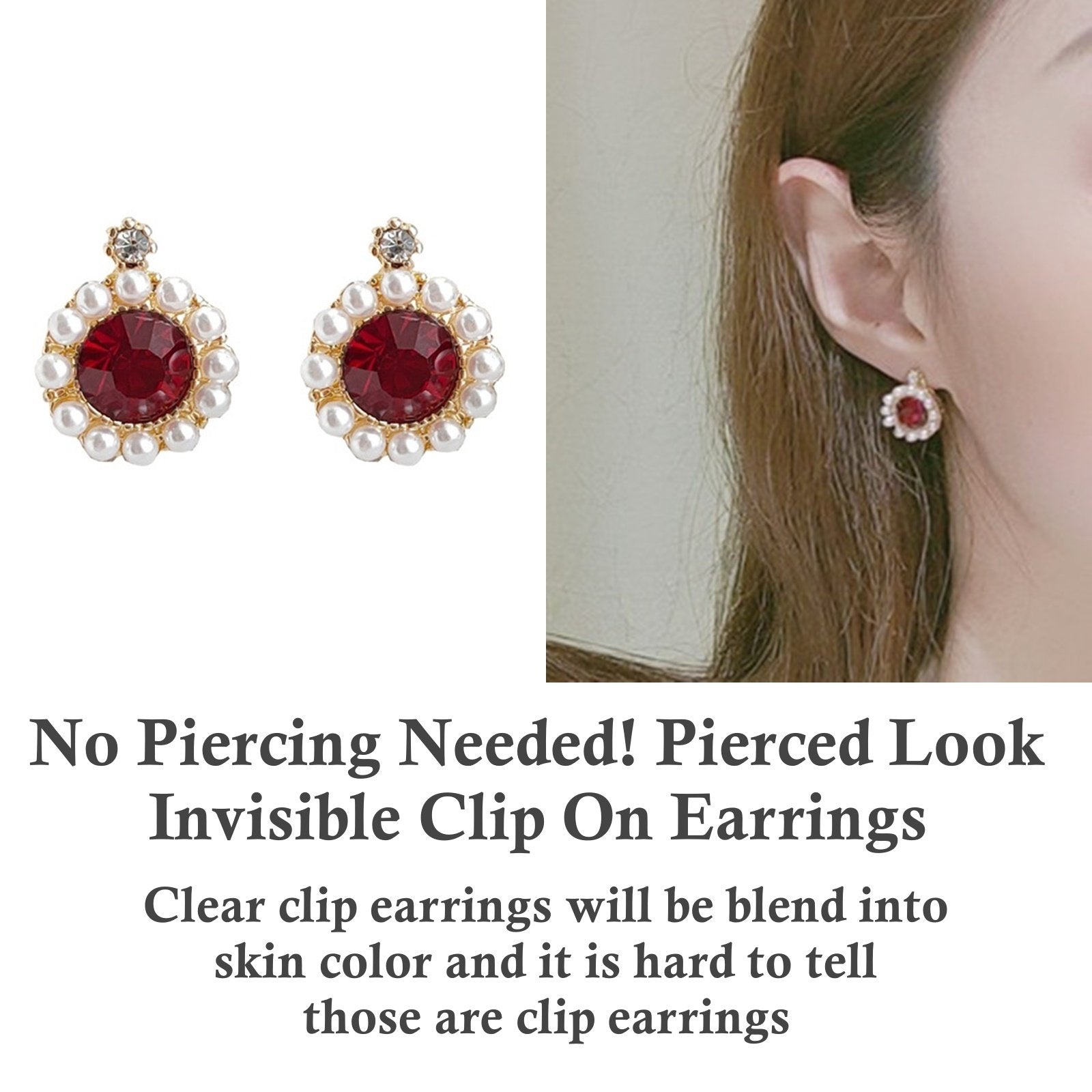 White Pearl Red Crystal Rhinestone Round Invisible Clip On Earrings