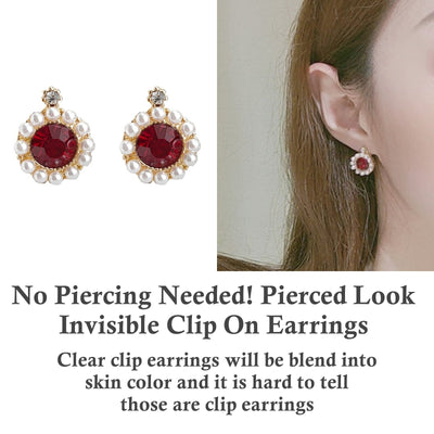 White Pearl Red Crystal Rhinestone Round Invisible Clip On Earrings