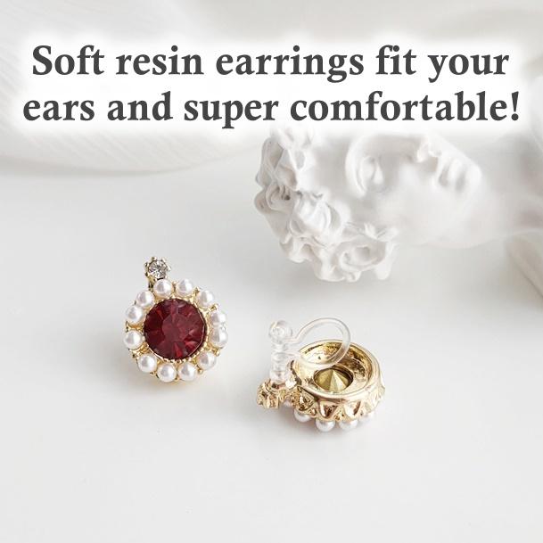 White Pearl Red Crystal Rhinestone Round Invisible Clip On Earrings