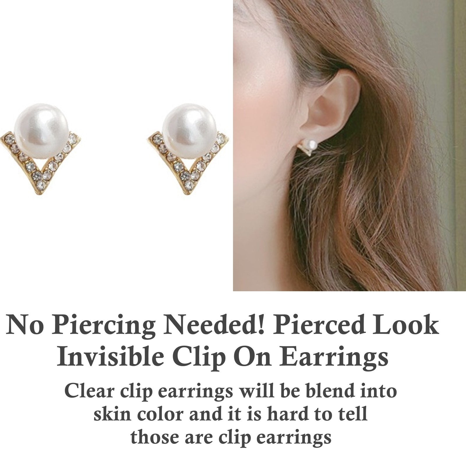 White Pearl Small Chic Triangle Invisible Clip On Earrings