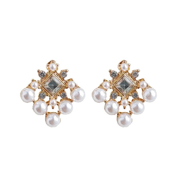 White Pearl Square Filigree Crystal Rhinestone Invisible Clip On Earrings