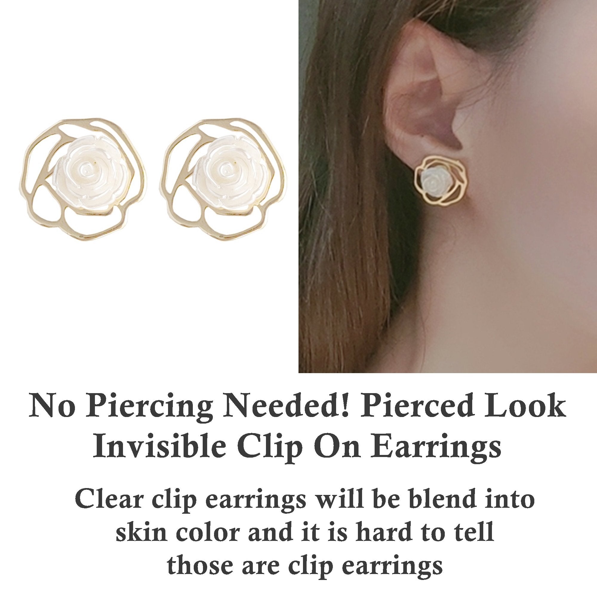 White Rose Invisible Clip On Earrings