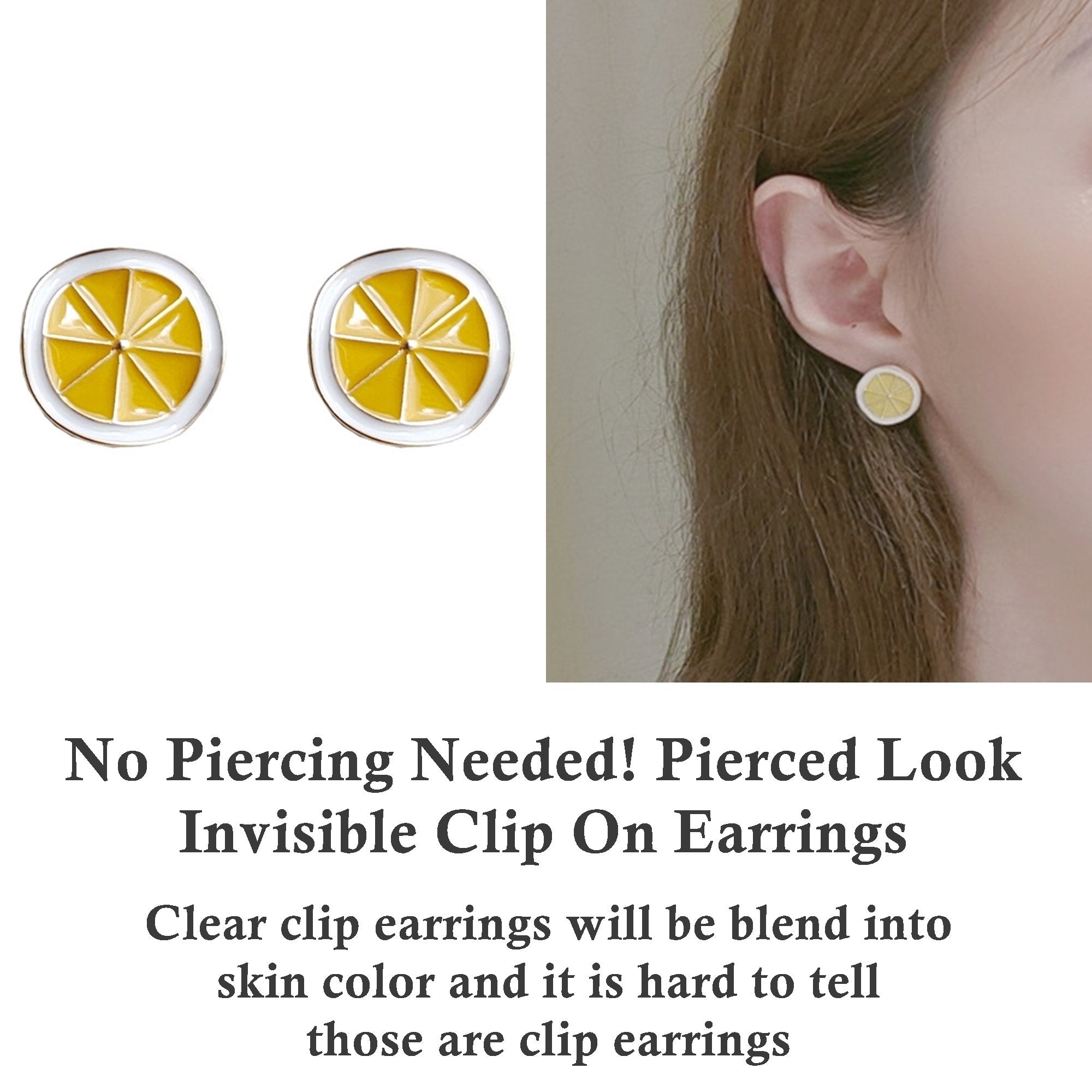 Yellow Lemon Sliced Fruits Invisible Clip On Earrings