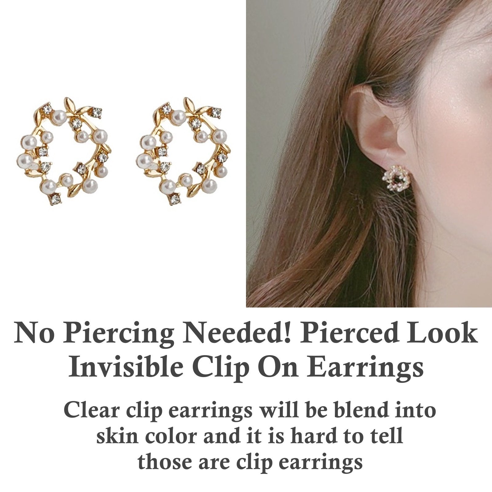 White Flower Pearl  Circle Wreath Crystal Rhinestone Invisible Clip On Earrings