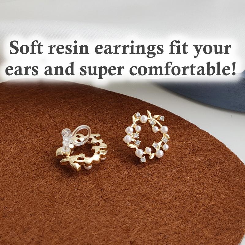 White Flower Pearl  Circle Wreath Crystal Rhinestone Invisible Clip On Earrings