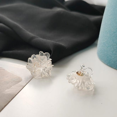 Clear Large Flower Invisible Clip On Earrings
