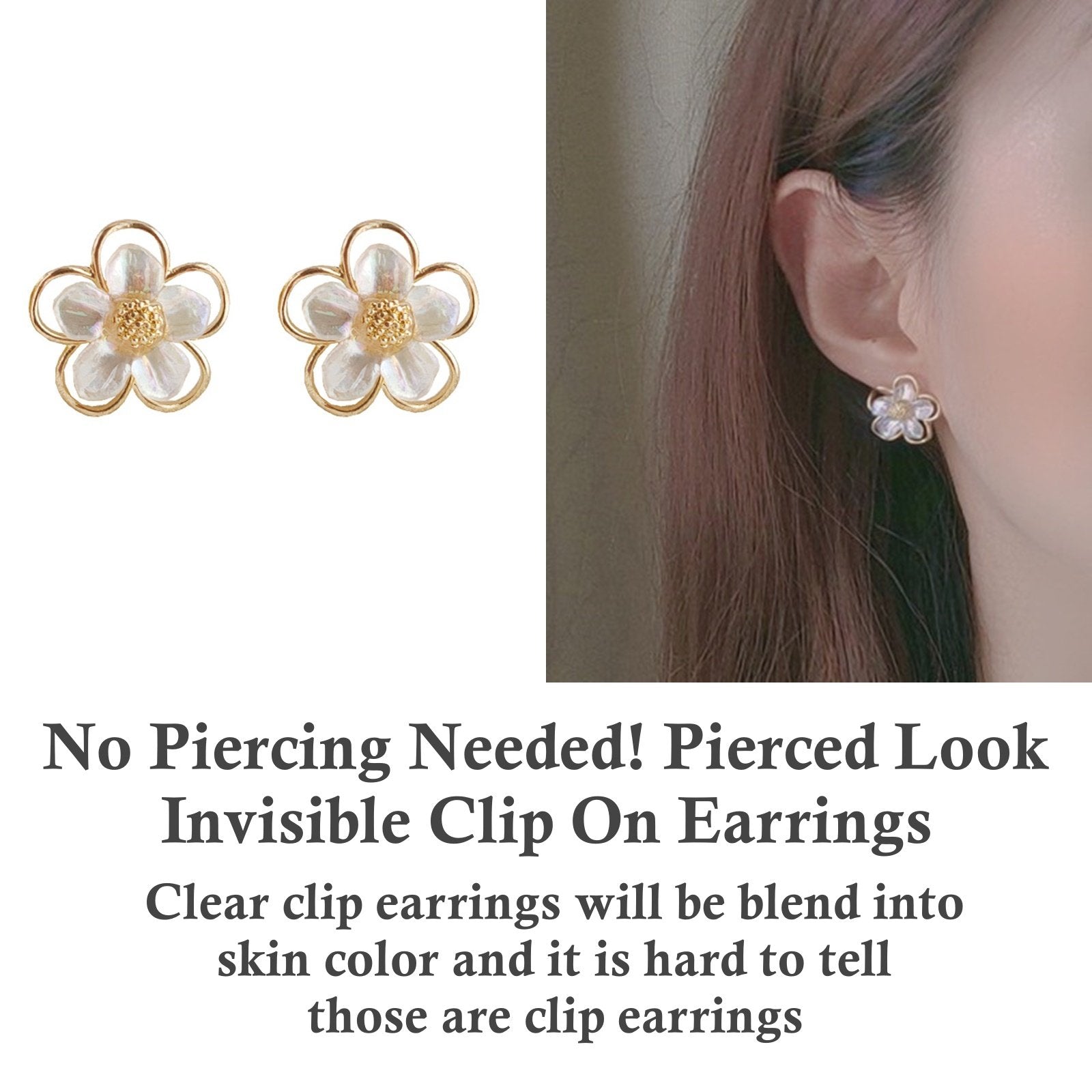 White Flower Pearl Invisible Clip On Earrings