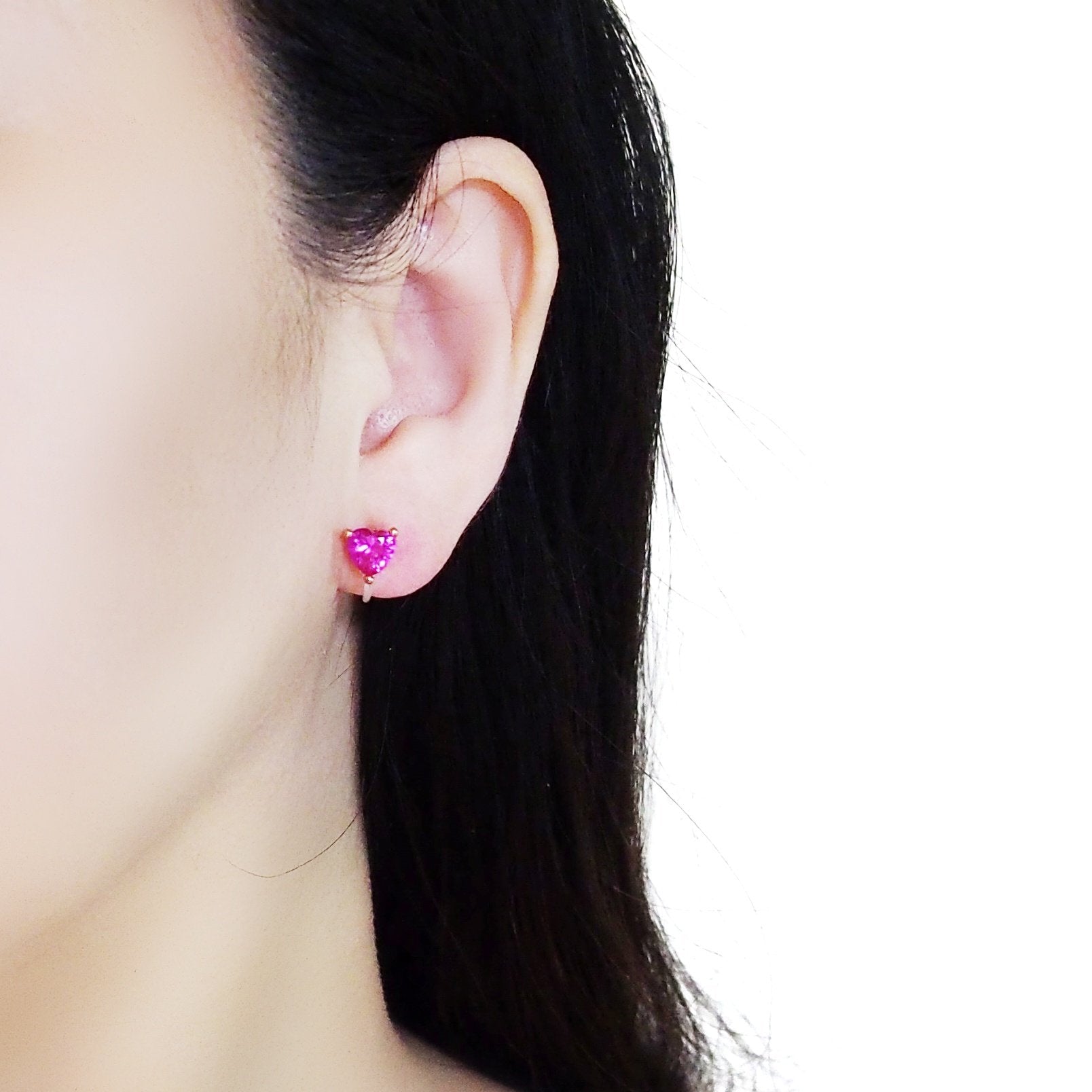 Pink Heart Crystal Invisible Clip On Stud Earrings