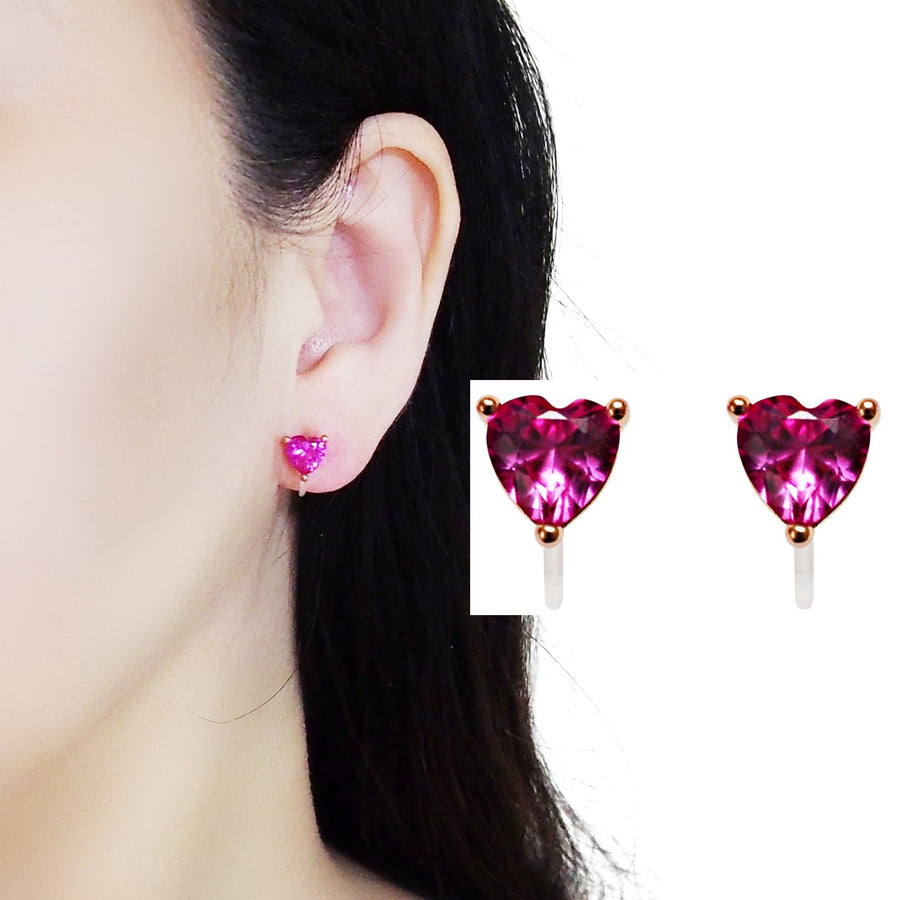 Pink Heart Crystal Invisible Clip On Stud Earrings