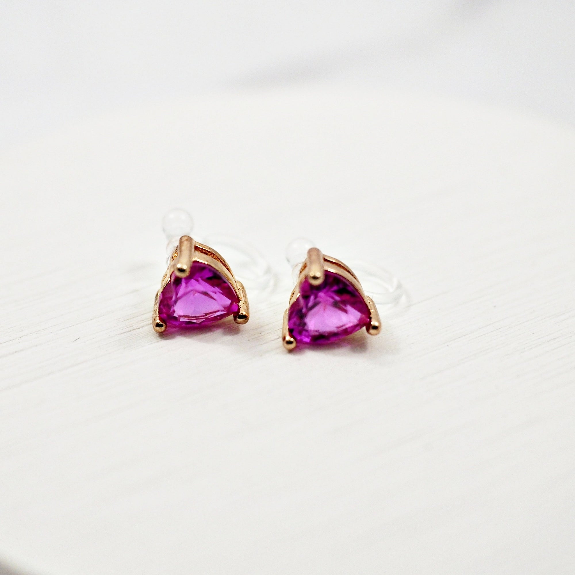 Pink Heart Crystal Invisible Clip On Stud Earrings