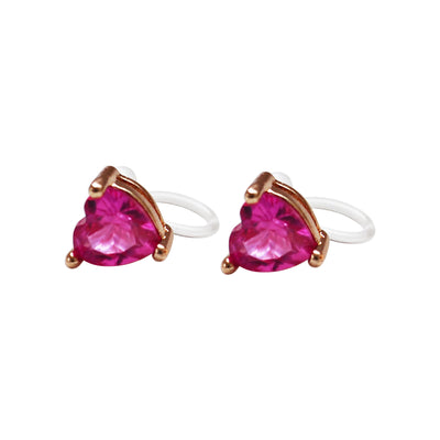 Pink Heart Crystal Invisible Clip On Stud Earrings