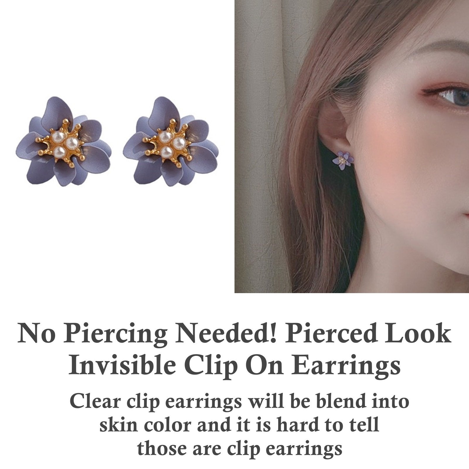 Purple Flower White Pearl Invisible Clip On Earrings