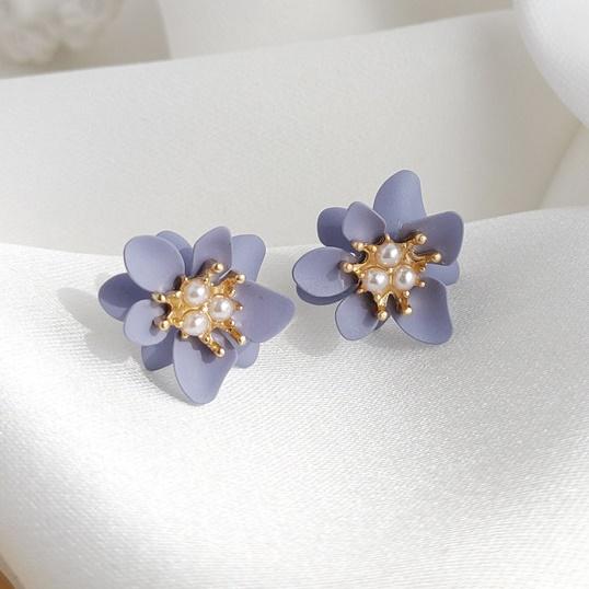 Purple Flower White Pearl Invisible Clip On Earrings