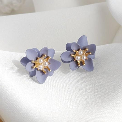 Purple Flower White Pearl Invisible Clip On Earrings