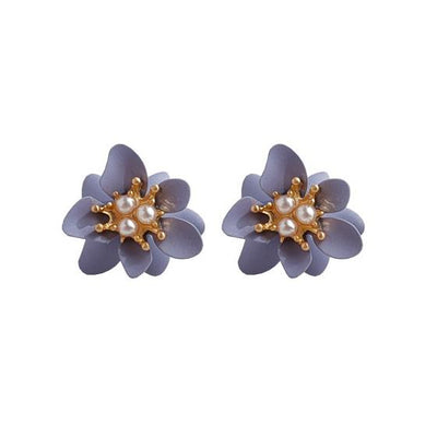 Purple Flower White Pearl Invisible Clip On Earrings