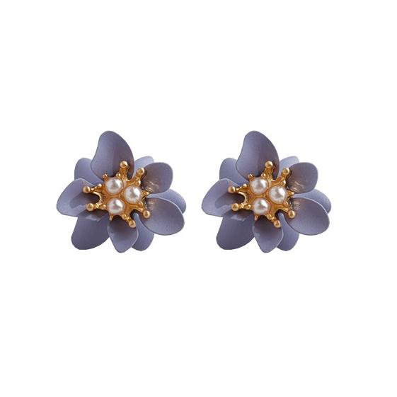 Purple Flower White Pearl Invisible Clip On Earrings