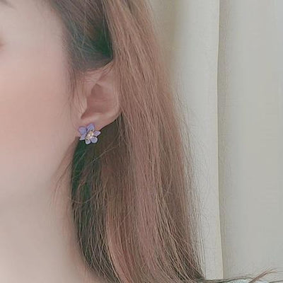 Purple Flower White Pearl Invisible Clip On Earrings