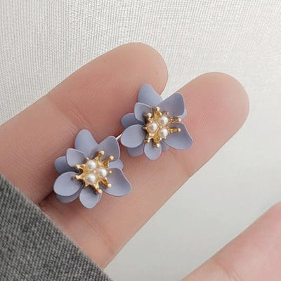 Purple Flower White Pearl Invisible Clip On Earrings