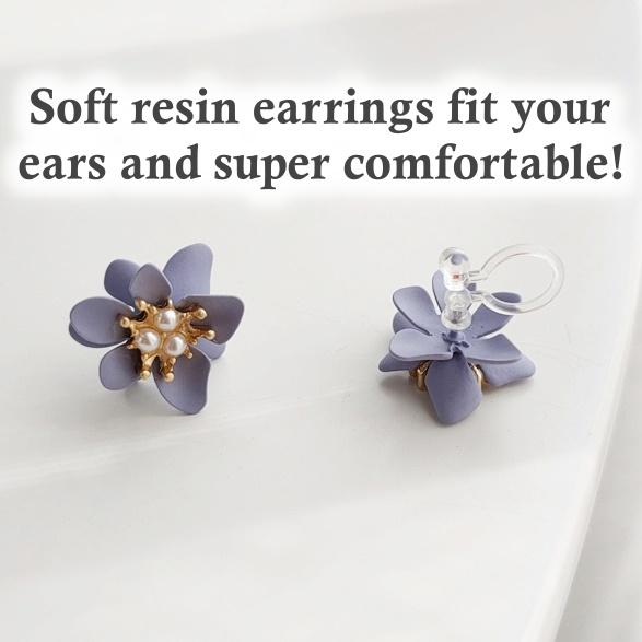 Purple Flower White Pearl Invisible Clip On Earrings