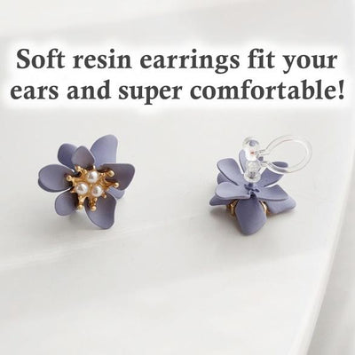 Purple Flower White Pearl Invisible Clip On Earrings