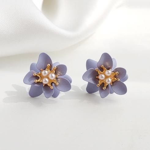 Purple Flower White Pearl Invisible Clip On Earrings